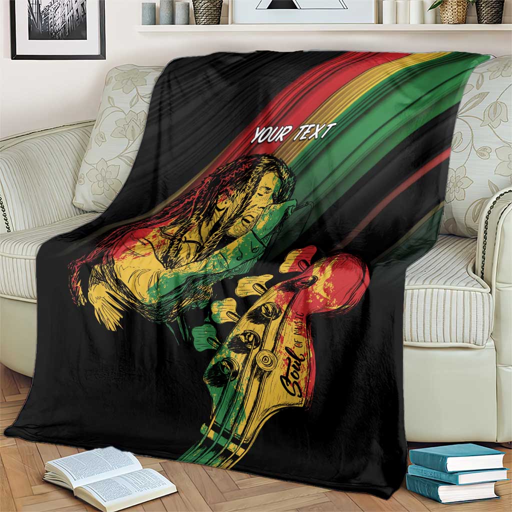 Personalized reggae blanket, black with musician artwork and bold red/green bands