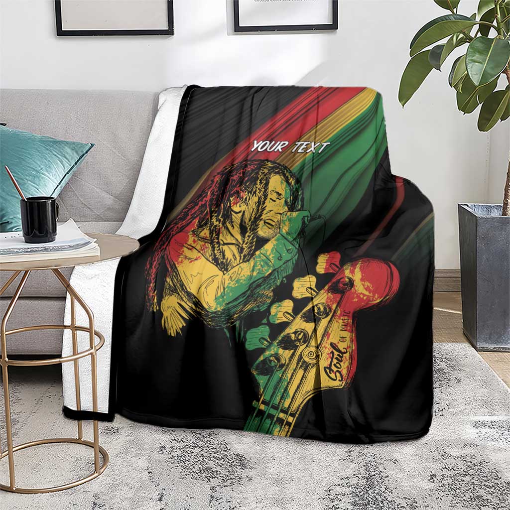 Personalized reggae blanket, black with musician artwork and centered 'YOUR TEXT'