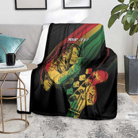 Personalized reggae blanket, black with musician artwork and centered 'YOUR TEXT'
