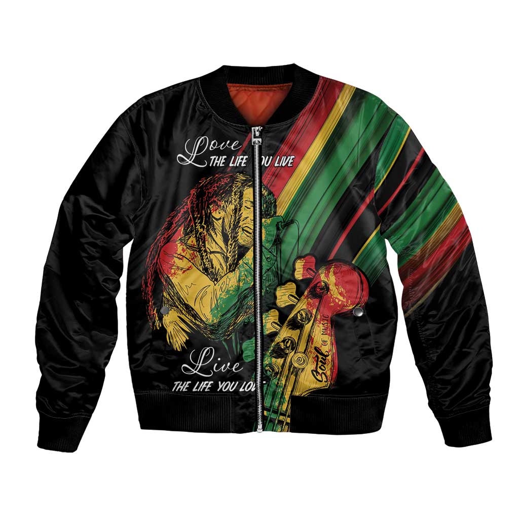 Black unisex bomber jacket with reggae musician graphic and striped sleeves, zip front