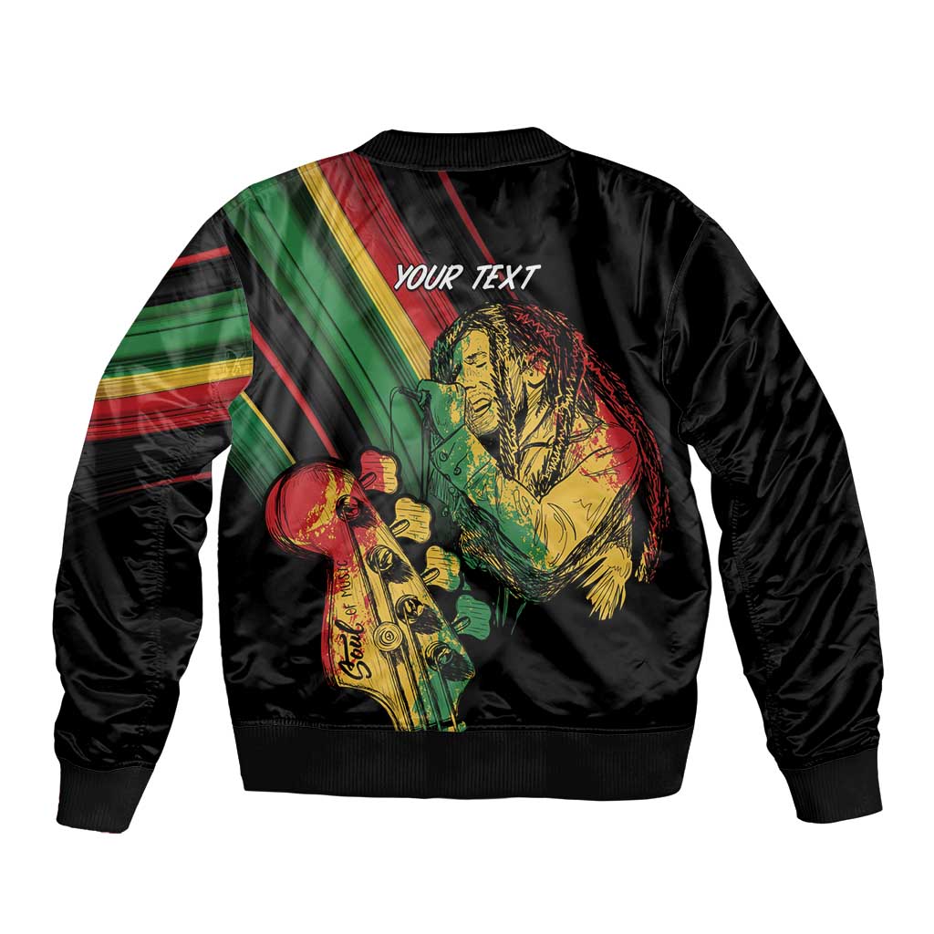 Black unisex bomber jacket, reggae musician holding sax with 'YOUR TEXT' on back