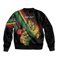 Black unisex bomber jacket, reggae musician holding sax with 'YOUR TEXT' on back