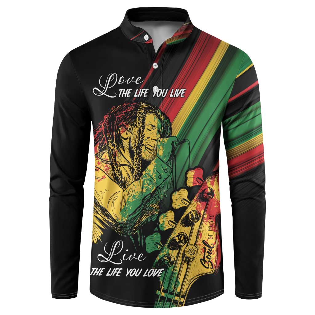 Black button-up sweatshirt with reggae portrait print and green red yellow striped panels on front