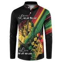 Black button-up sweatshirt with reggae portrait print and green red yellow striped panels on front