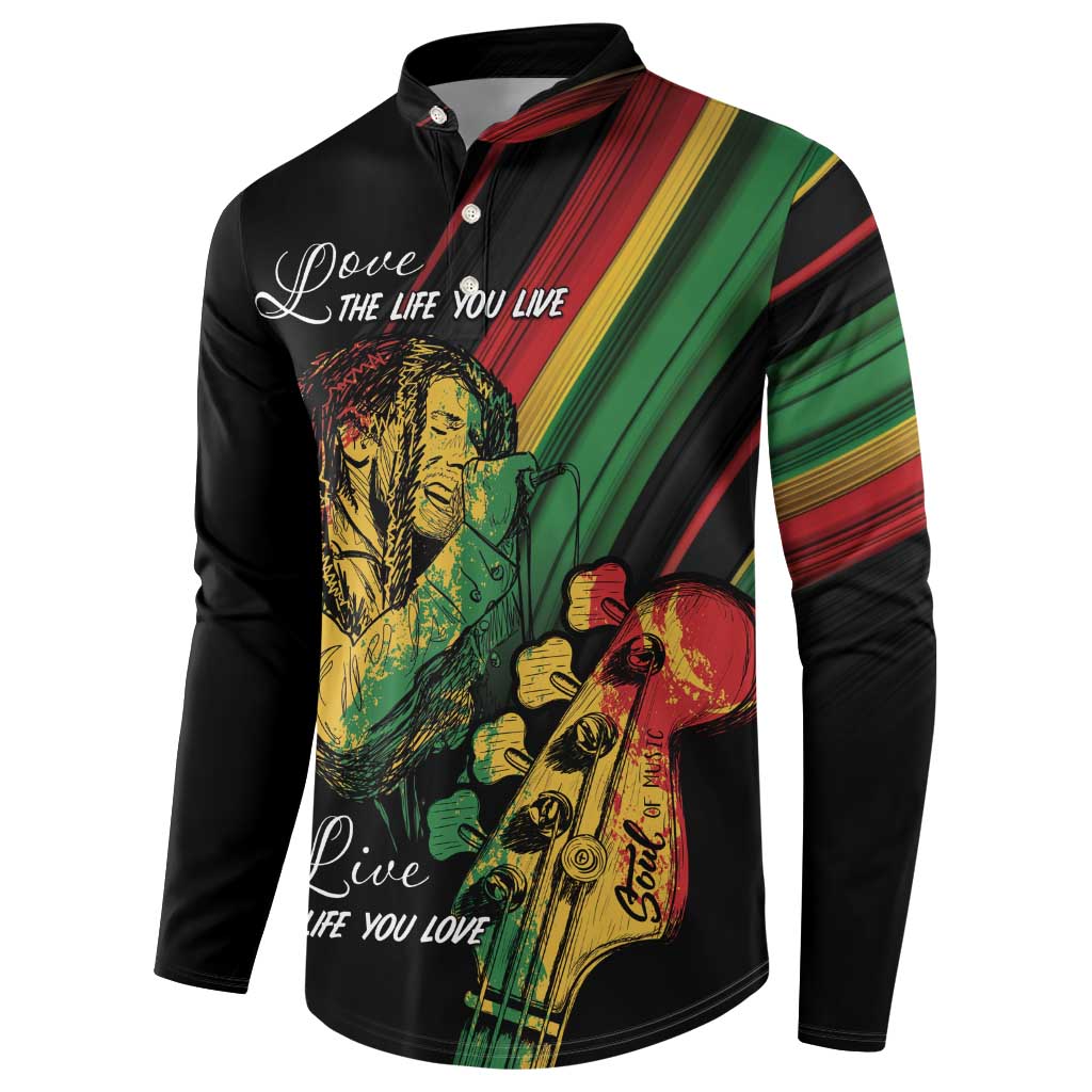 Black button-up sweatshirt with reggae portrait and guitar print, red green yellow stripes on front