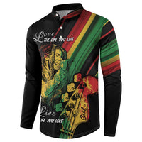 Black button-up sweatshirt with reggae portrait and guitar print, red green yellow stripes on front