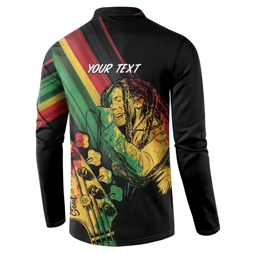 Black long-sleeve button sweatshirt with reggae portrait graphic and red green striped panel on back