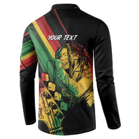 Black long-sleeve button sweatshirt with reggae portrait graphic and red green striped panel on back