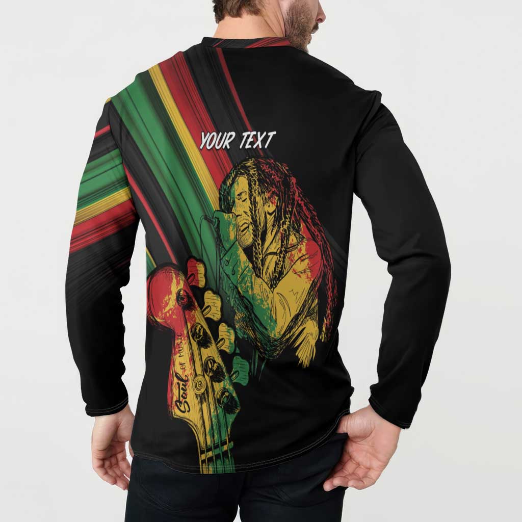 Black button-up sweatshirt on model, back reggae portrait with “YOUR TEXT” on upper back