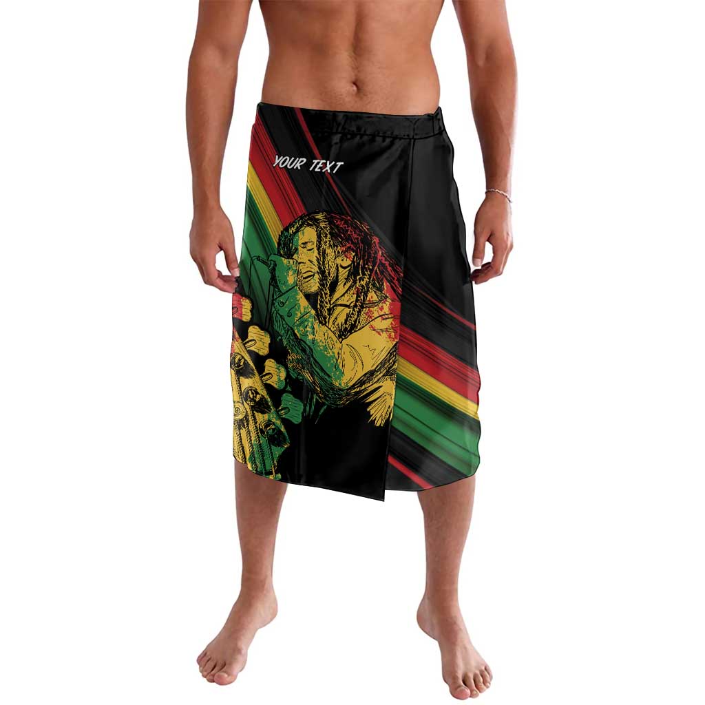 Personalized reggae lavalava shorts, black with elastic waistband, Rasta stripe and portrait