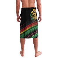 Personalized reggae lavalava shorts, black back view with Rasta color stripes and graphic