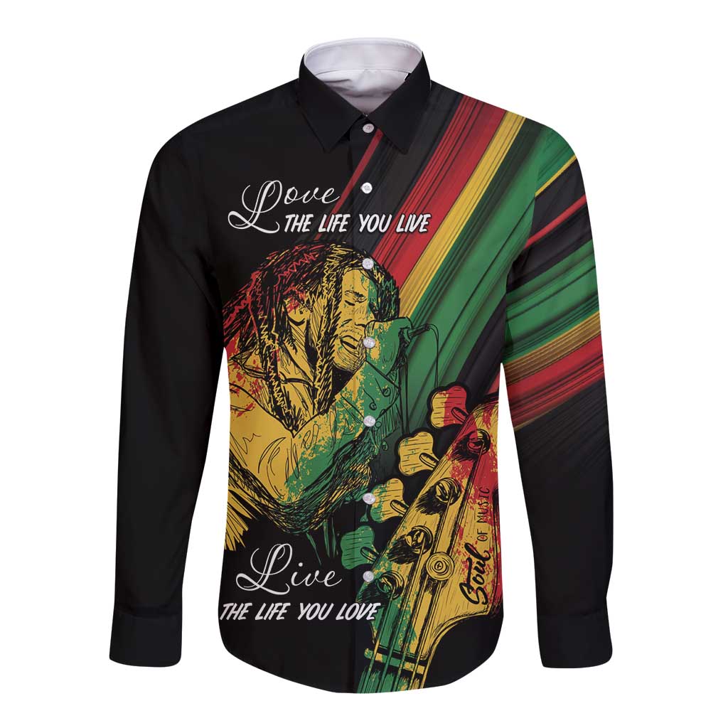 Long-sleeve button shirt, black with reggae musician print and 'Love' lettering