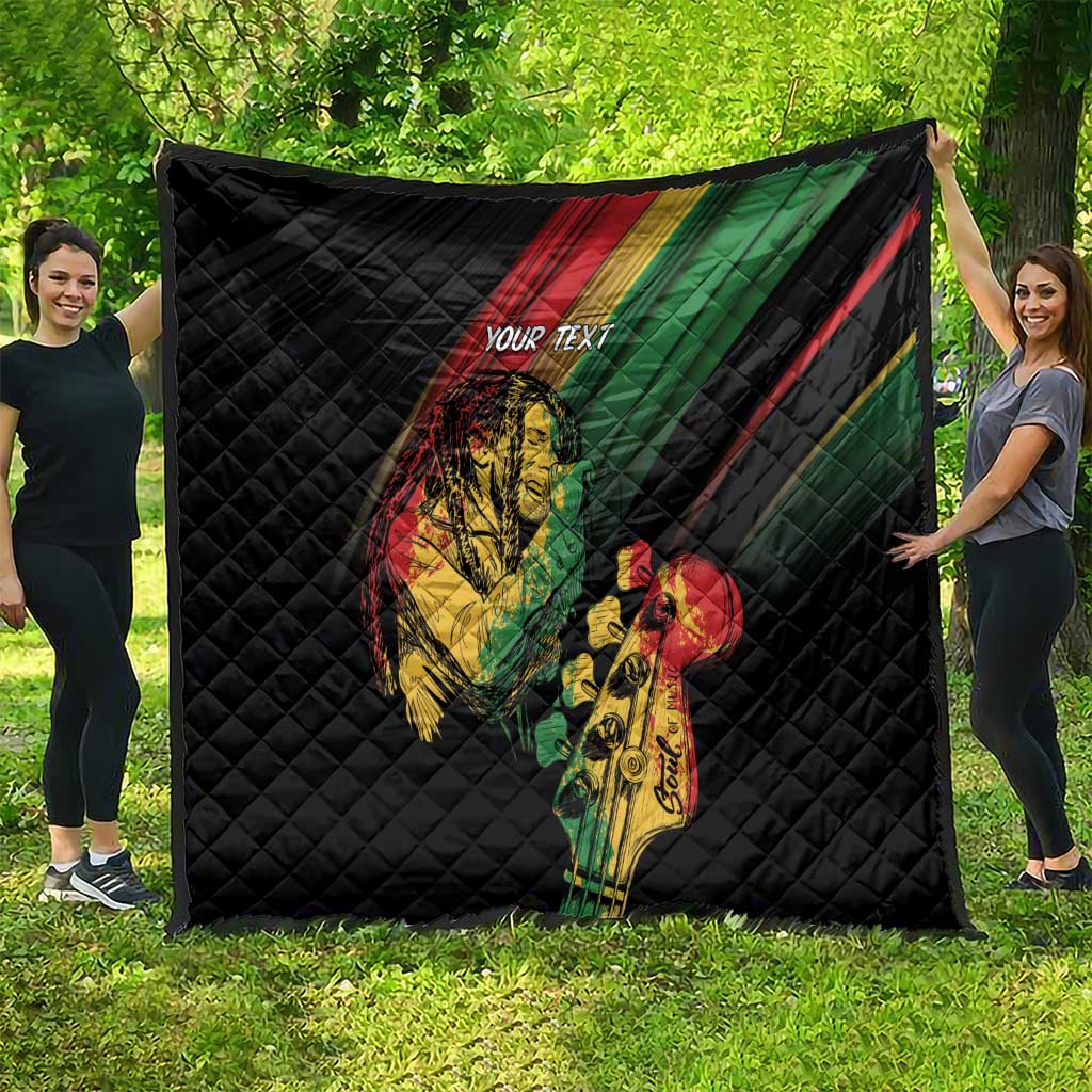 Personalized reggae quilt, black quilt with colorful reggae musician graphic and 'YOUR TEXT'.