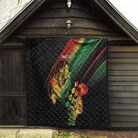 Personalized reggae quilt, black quilt displayed on wooden wall with 'YOUR TEXT'.