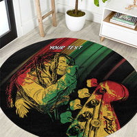 Personalised round reggae carpet, black with green/red/yellow faces and YOUR TEXT