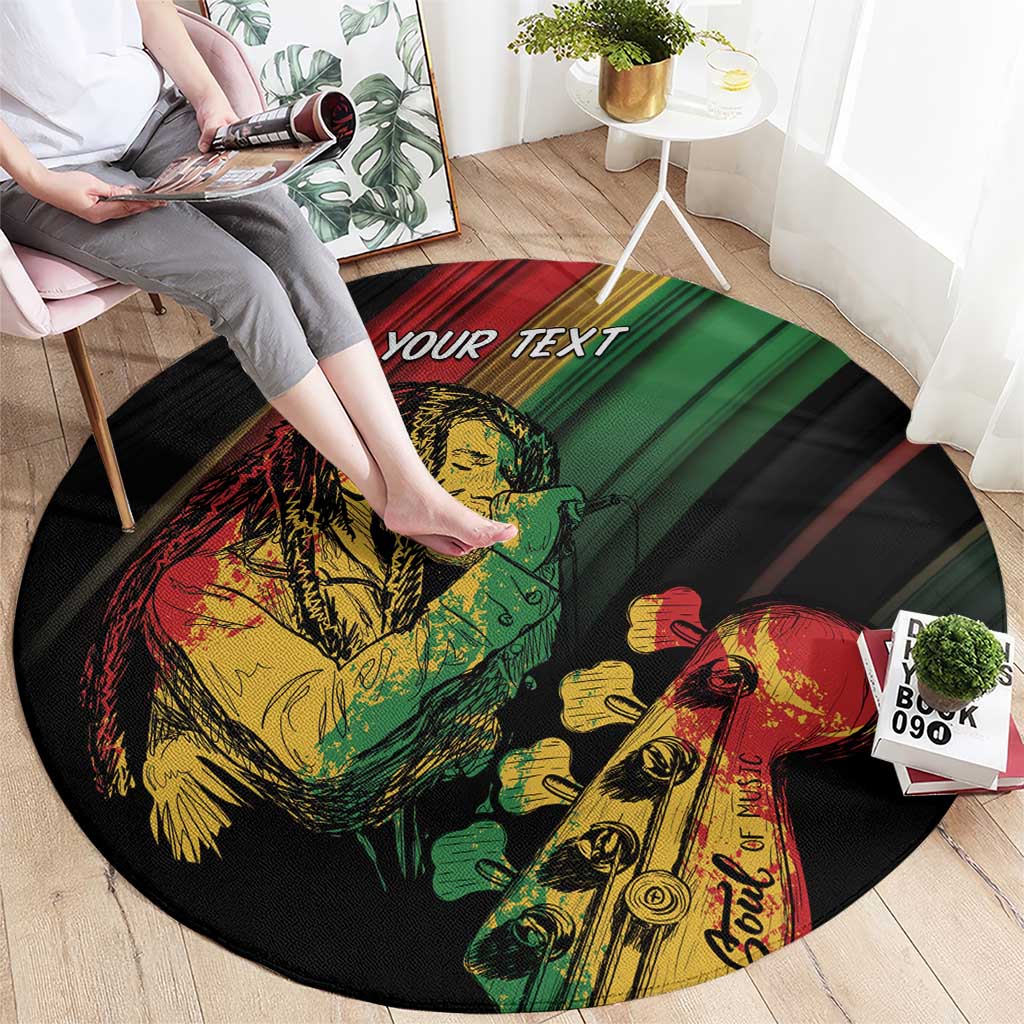Personalised round reggae carpet, black with green/red/yellow portrait art and YOUR TEXT