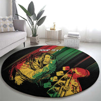 Personalised round reggae carpet, black circular rug with reggae portrait graphic and YOUR TEXT
