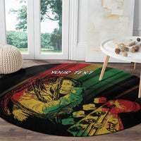 Personalised round reggae carpet, black round rug with green stripe reggae art and YOUR TEXT