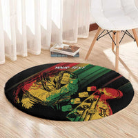 Personalised round reggae carpet, black round rug with bold reggae portrait and YOUR TEXT