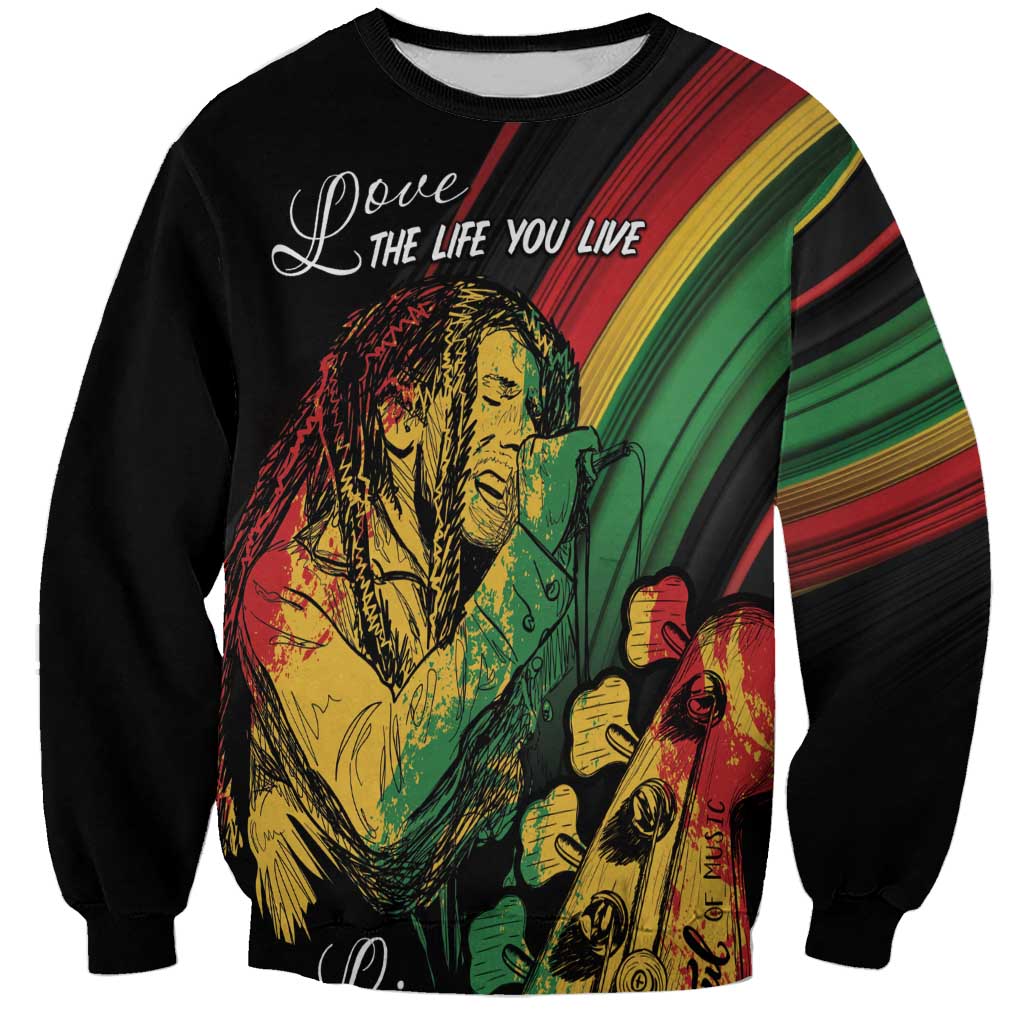 Black crewneck sweatshirt with reggae singer graphic and striped color panels