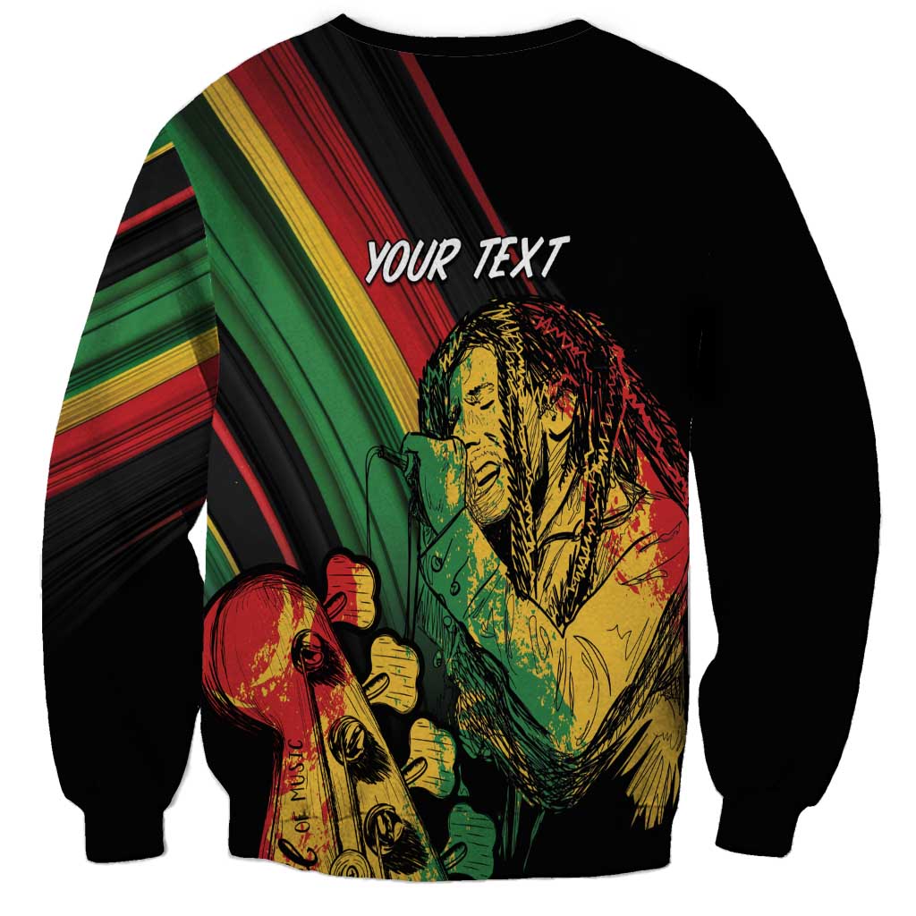 Black crewneck sweatshirt with reggae singer and multicolor striped diagonal back print