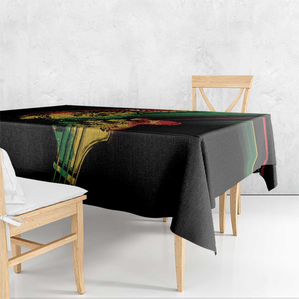 Rectangular black reggae tablecloth with colorful vertical graphic band and red-green stripe edge