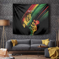 Personalised reggae tapestry: black with two musician illustrations, green/red/yellow stripes.