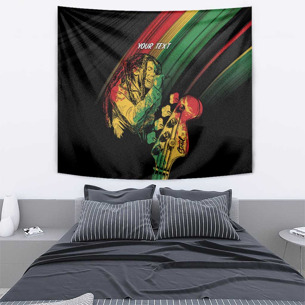 Personalised reggae tapestry: black with 'YOUR TEXT' and two musician illustrations, green/yellow.