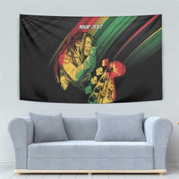 Personalised reggae tapestry with 'YOUR TEXT', black fabric and two musicians with green/red stripes.