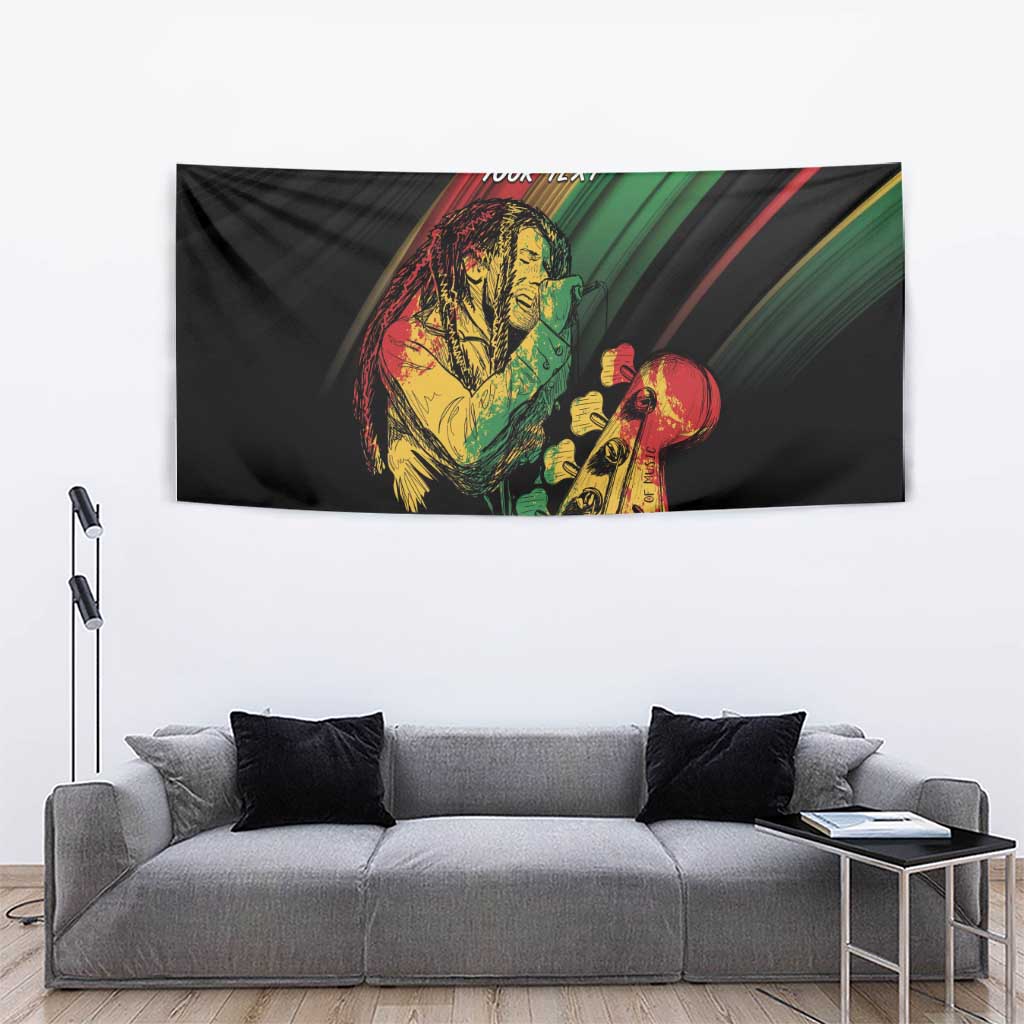 Personalised reggae tapestry: black with 'YOUR TEXT' and two musician portraits in reggae colors.