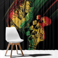 Close view of reggae artwork window curtain on dark fabric with a custom text panel