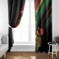 Two-panel window curtain set: black with reggae artwork and custom text, side view