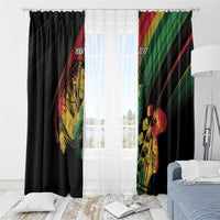 Dark reggae window curtain panels with custom text and colorful artwork, styled on a rod