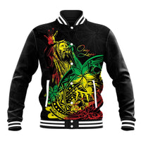 Black varsity baseball jacket with colorful reggae tropical artwork and white striped rib trim