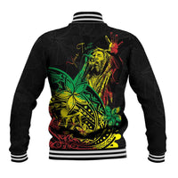 Black back varsity baseball jacket with colorful tropical reggae artwork and striped rib hem