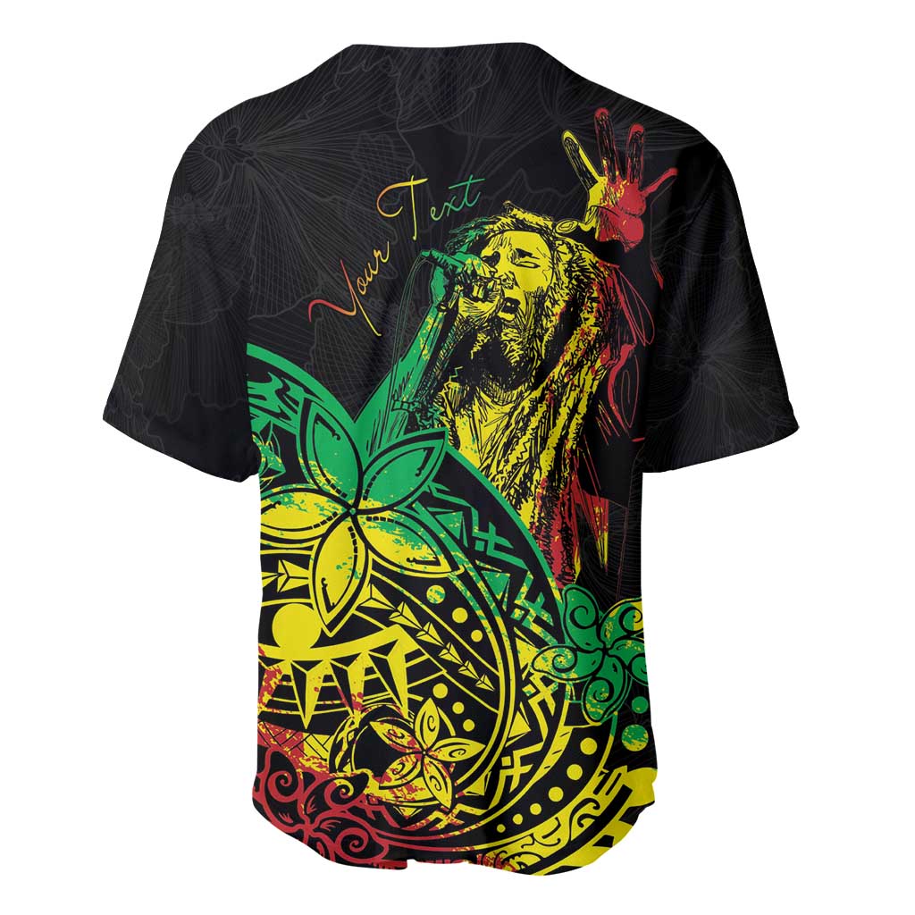 Personalized baseball jersey, black back print with reggae lion, green-yellow flower and script