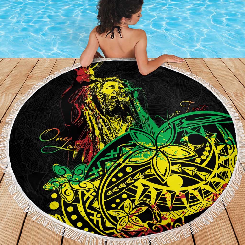 Round beach blanket with white fringe, black design featuring face artwork and green accents