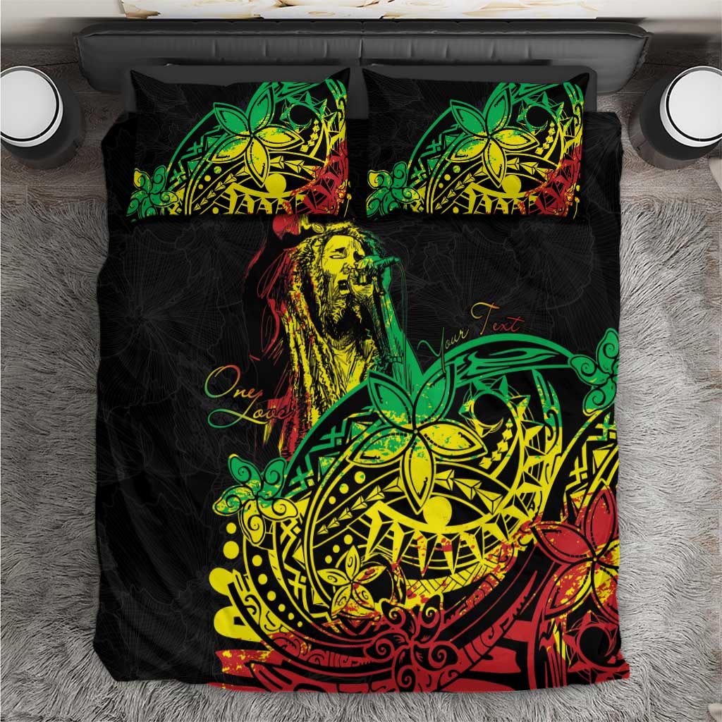 Black duvet cover and two pillowcases with green, yellow, red Polynesian reggae artwork