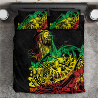 Black duvet cover and two pillowcases with green, yellow, red Polynesian reggae artwork