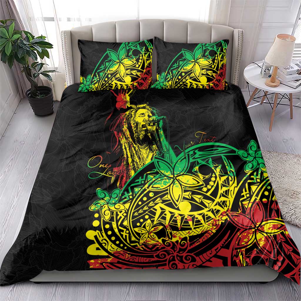 Black bedding set with two square pillowcases featuring Polynesian reggae face and motifs