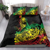 Black bedding set with two square pillowcases featuring Polynesian reggae face and motifs