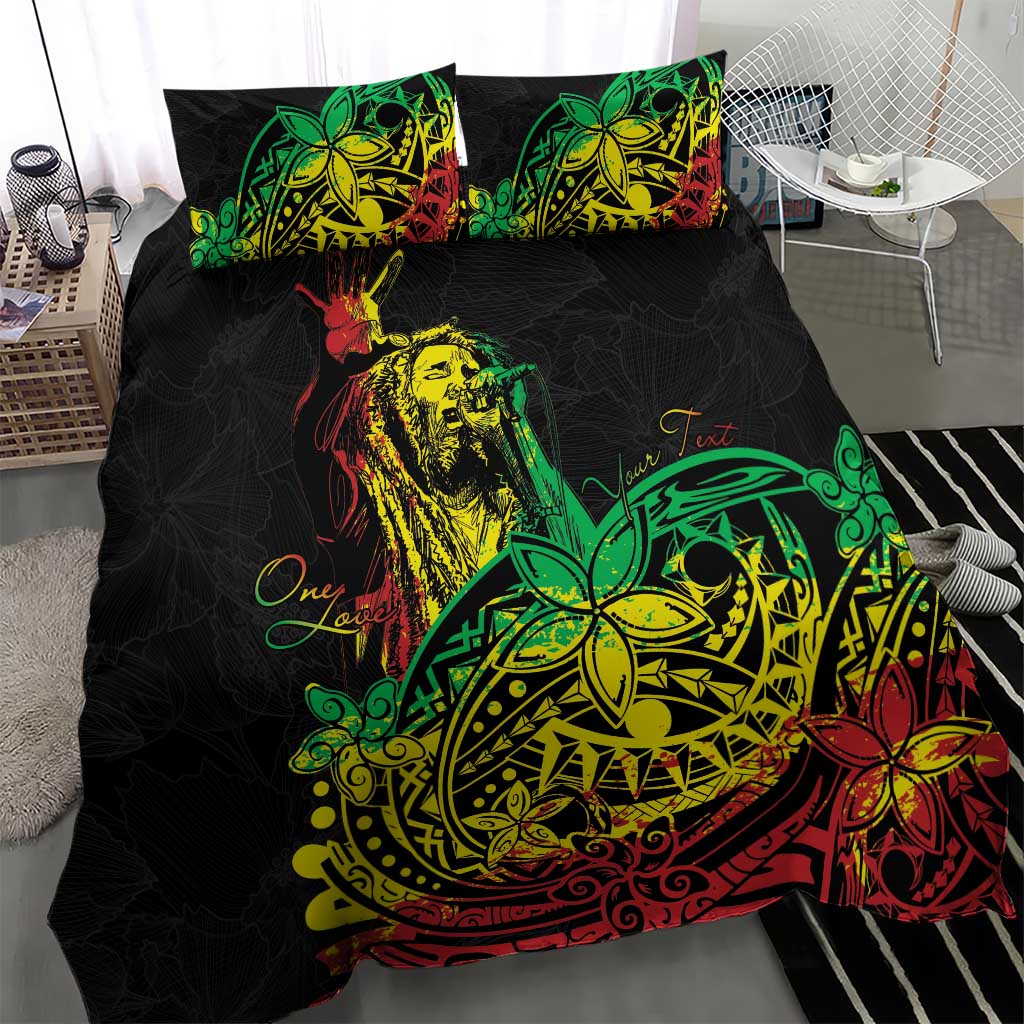Black duvet cover with large Polynesian reggae graphic and matching pillowcases