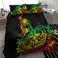Black duvet cover with large Polynesian reggae graphic and matching pillowcases