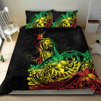 Black bedding set showing Polynesian reggae face print with green, yellow, red details