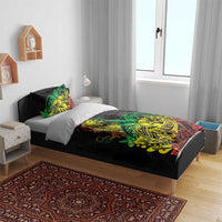 Black bedding set with Polynesian reggae print on duvet and matching pillowcases