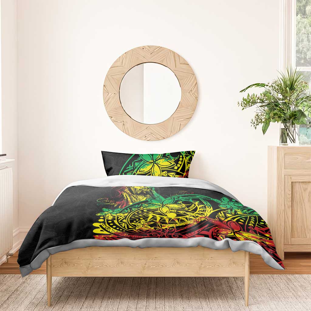 Black duvet cover with green, yellow, red Polynesian reggae design and matching pillow
