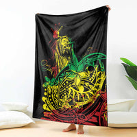 Black personalized blanket with bright reggae dancer portrait and tribal emblem, hanging