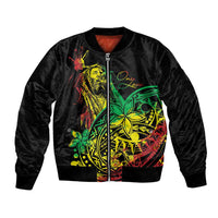 Black bomber jacket with full-zip front and colorful reggae-style Polynesian graphic