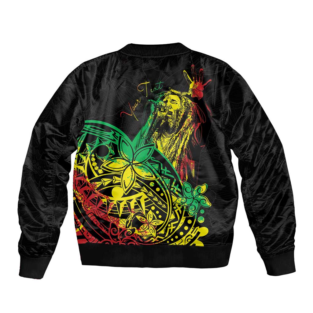 Black bomber jacket back with large colorful reggae-style Polynesian graphic
