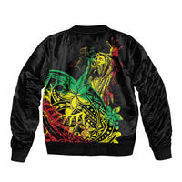 Black bomber jacket back with large colorful reggae-style Polynesian graphic